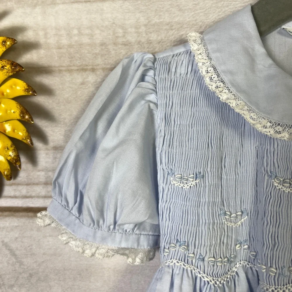 Vintage Feltman Bros Light Blue Smocked Baby Dress Puff Sleeves Lace 18M Cotton